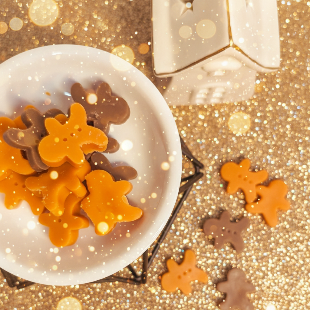 Santa's Cookies Wax Melts – Gingerbread man-shaped wax melt in orange and brown, infused with the festive scents of apple cinnamon and vanilla sugar. Perfect for creating a cozy, holiday atmosphere. Pair with a modern black wax melter or a snowflake white wax melter for a chic and festive holiday gift. Ideal for filling your home with Christmas aromas, these wax melts are a wonderful addition to your candle collection.