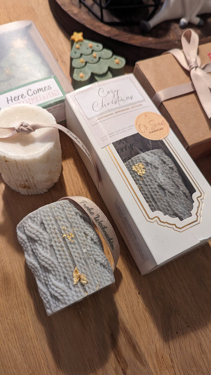 Winter Duftkerzen, Tisch Deko, Stumpenkerze, Cosy Winter zum verschenken, kuscheldecke pullover duftkerze