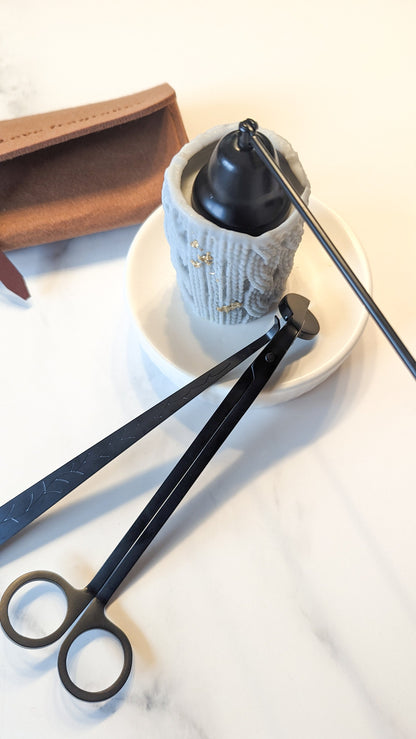 Candle accessories Matt Balck Stainless steel, personalised gift, wick cutter with named bag, modern sniffer, minimalist lifestyle, gift