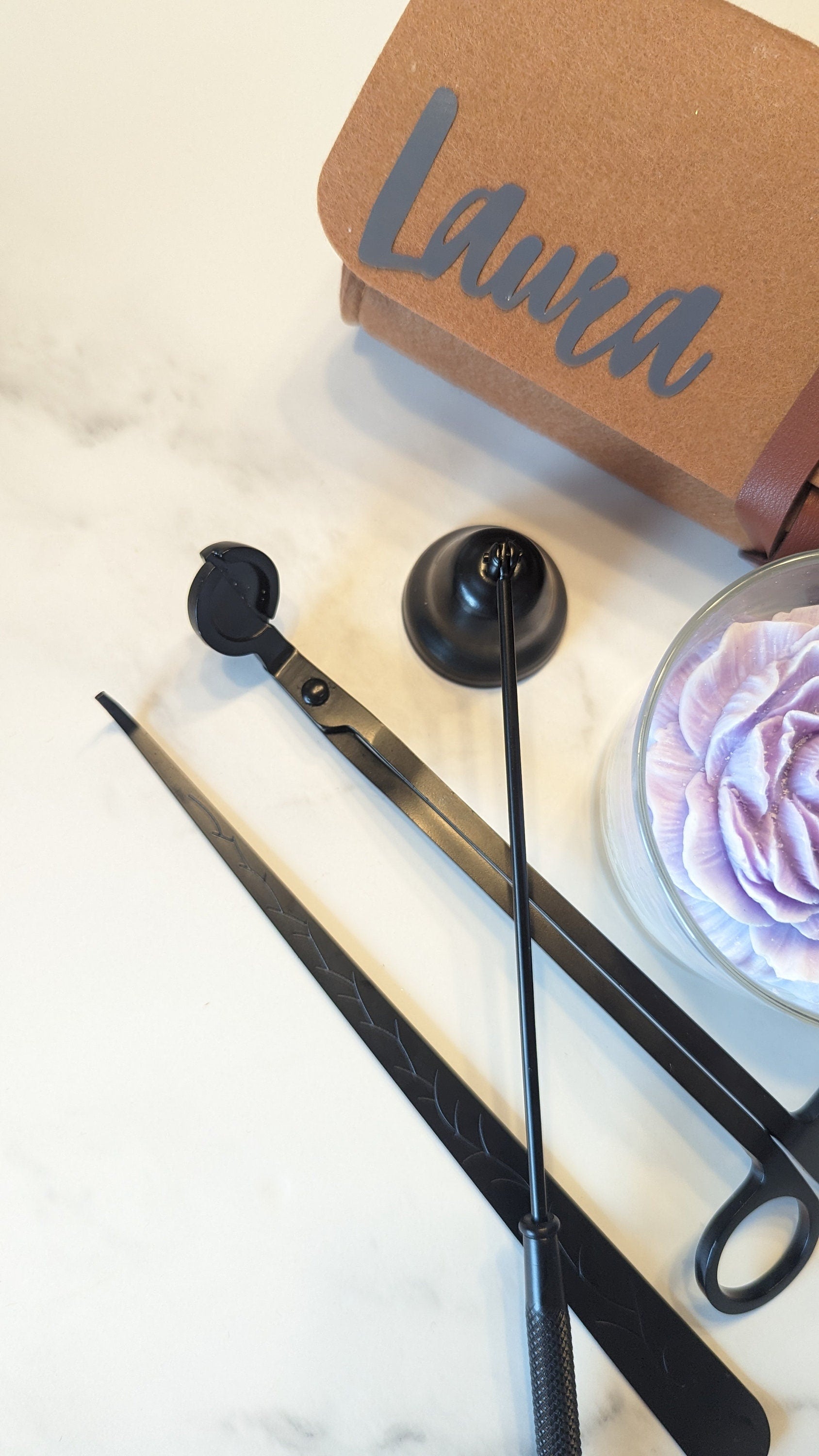 Candle accessories Matt Balck Stainless steel, personalised gift, wick cutter with named bag, modern sniffer, minimalist lifestyle, gift