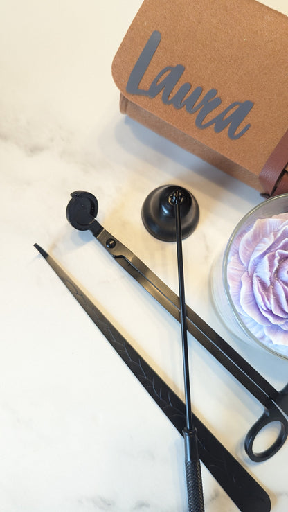 Candle accessories Matt Balck Stainless steel, personalised gift, wick cutter with named bag, modern sniffer, minimalist lifestyle, gift