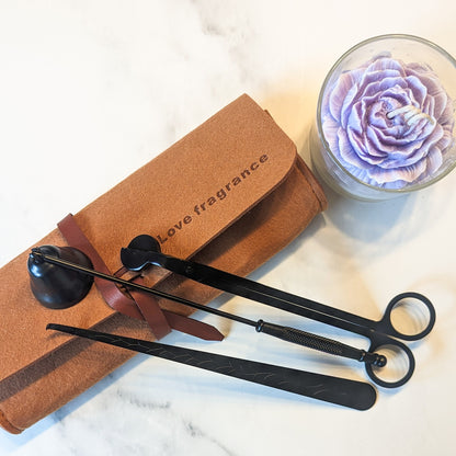 Candle accessories Matt Balck Stainless steel, personalised gift, wick cutter with named bag, modern sniffer, minimalist lifestyle, gift