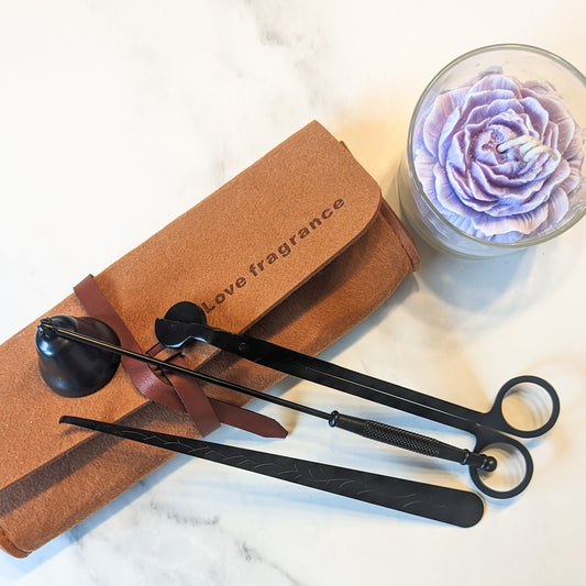 Candle accessories Matt Balck Stainless steel, personalised gift, wick cutter with named bag, modern sniffer, minimalist lifestyle, gift