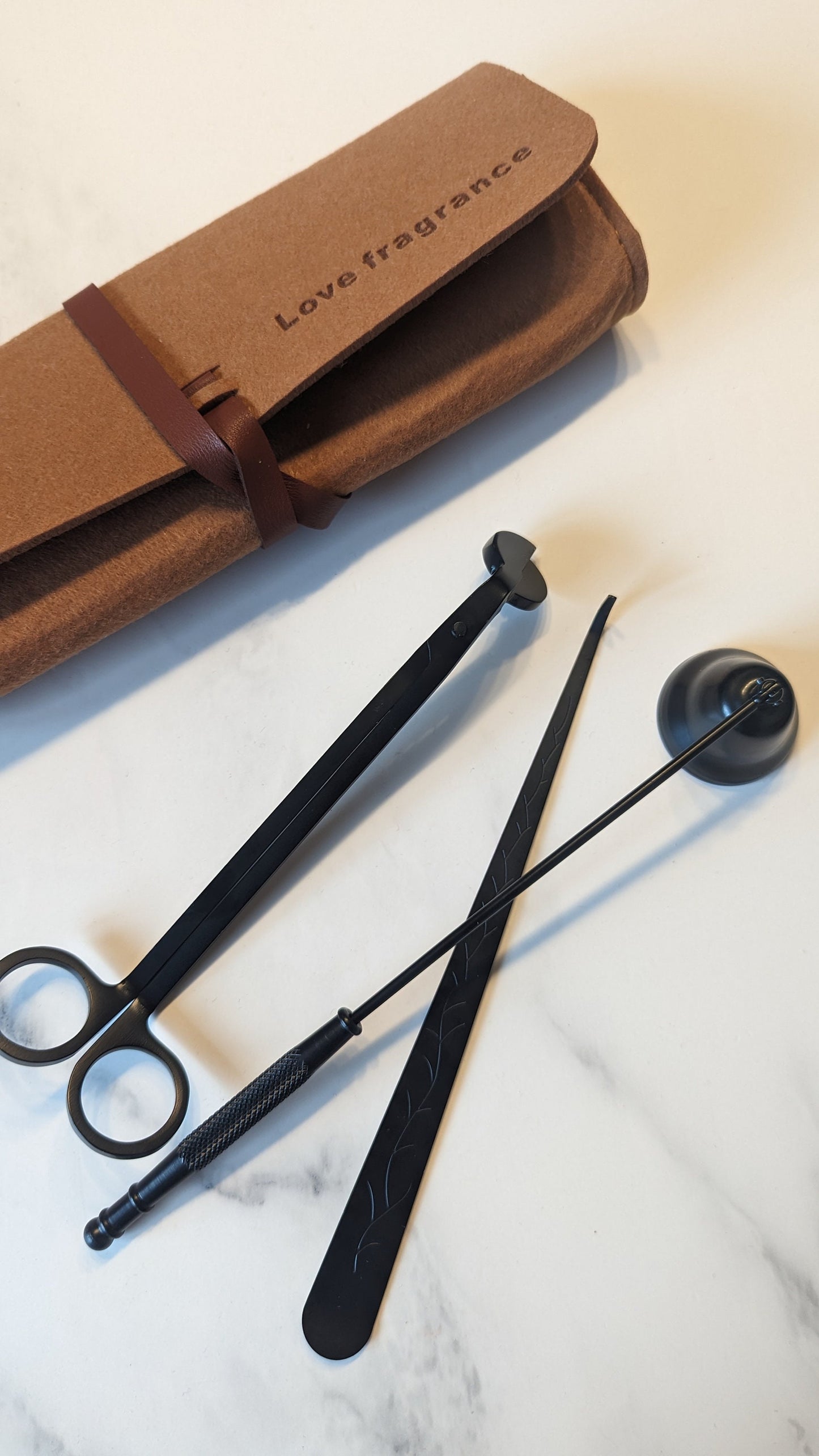 Candle accessories Matt Balck Stainless steel, personalised gift, wick cutter with named bag, modern sniffer, minimalist lifestyle, gift