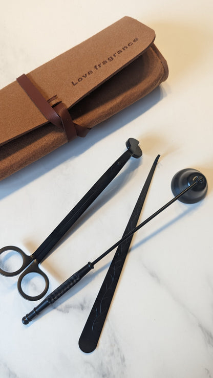 Candle accessories Matt Balck Stainless steel, personalised gift, wick cutter with named bag, modern sniffer, minimalist lifestyle, gift