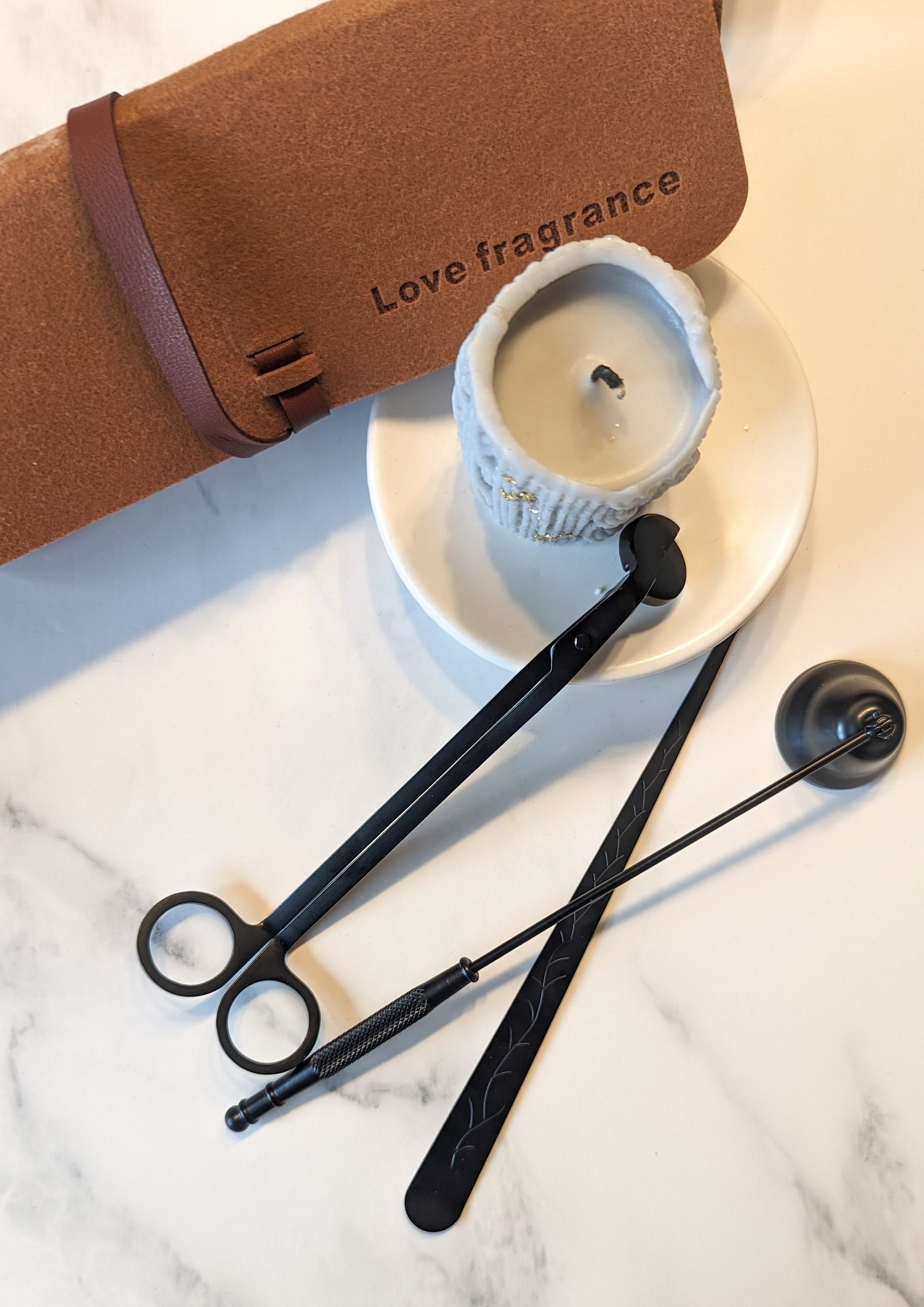 Candle accessories Matt Balck Stainless steel, personalised gift, wick cutter with named bag, modern sniffer, minimalist lifestyle, gift