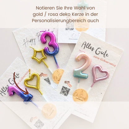 Nummer kerzen in galactic purple / blau oder pastel rosa / blau. mit deko kerzen in gold / rosa in herz oder stern formen.